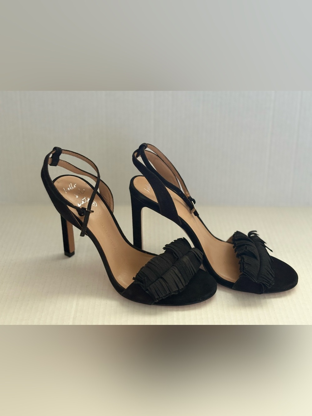 Banana Republic Honey Black Suede Fringe Sandals Open Toe Size 8.5
